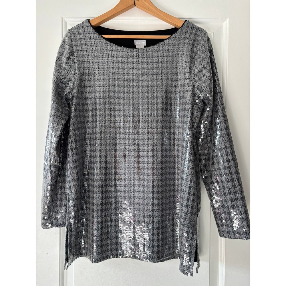 Chico's Sequin Top Women 0 S Grey Houndstooth Long Sleeve Party Sparkle Holiday